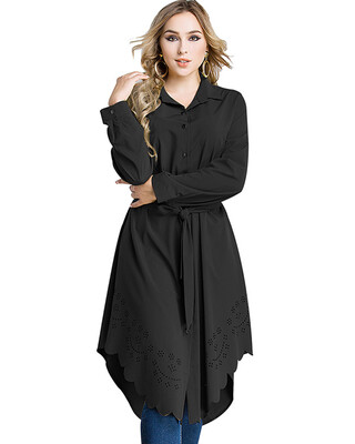 

Women Plus Size Shirt Dress Burning Flowers Hollow Out Irregular Hem Belted Casual Tunic Long Blouse Top