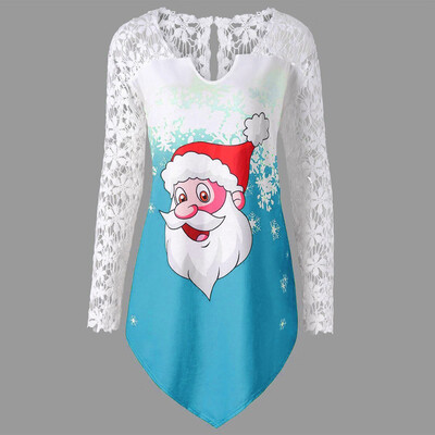 

Gobestart Fashion Women Merry Christmas Lace Panel Santa Claus Print T-shirt Tops Blouse