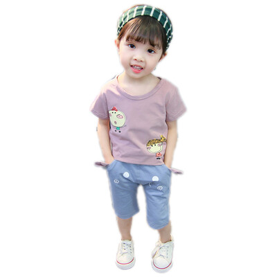 

Summer Cotton Children Baby Girls Set Casual Cartoon Print Pattern Short Sleeve Tops T-shirtShorts Suits Costume Set