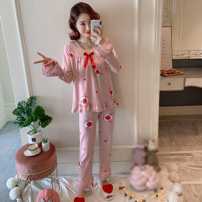 

Autumn Women Pajamas Sets Flower Print Fashion Bow Luxury Female Faux Silk Two Pieces Shirts Pants Nighties Sleepwear