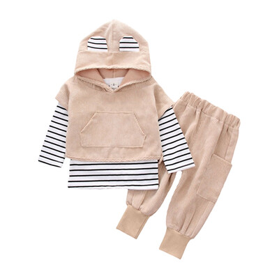 

3pcsset Baby Boy Cotton Stripe Long Sleeve T-shirt Short Sleeve Hooded Sweatshirt Trousers Outfits Children Cotton New
