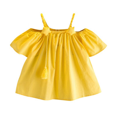 

Kids Summer Girls Cute Strap Off-shoulder Tops Bottoming Trumpet Sleeved Solid Color Cotton T-Shirt 2-7Years