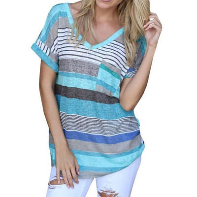 

Fashion Pocket V-neck Loose Women Tops Short Sleeve Stripe Splicing T-shirt