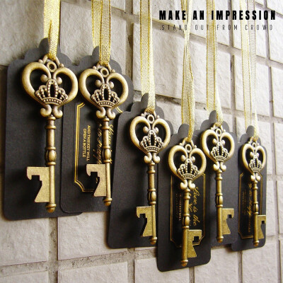 

725036Pcs Heavy-Duty Metal Skeleton Key Bottle Opener Wedding Favor with Tag Gold Ribbon&Stickers