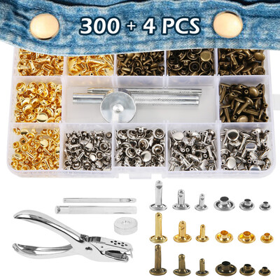 

New 300 Sets Leather Rivets 3 Sizes Double Cap Rivet with Fixing Tool Kit for DIY Leather Craft Rivets Replacement 6mm 8mm 12mm