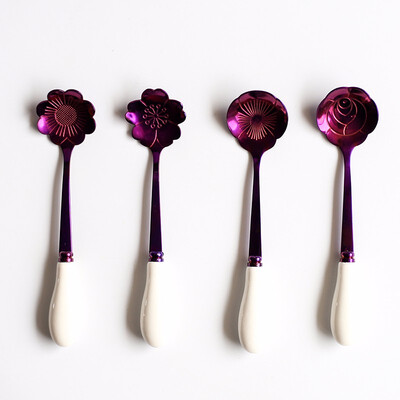 

STRUST 4pc set stainless steel porcelain Creative Flower coffee spoon set mini spoon set stirring spoon set