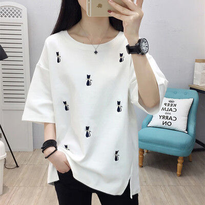 

JOY OF JOY Jingdong Womens 2019 Summer New Short Sleeve Student Loose Korean T-Shirt Womens Round Collar Cartoon Cat Top Women JWTD191864 White 2XL