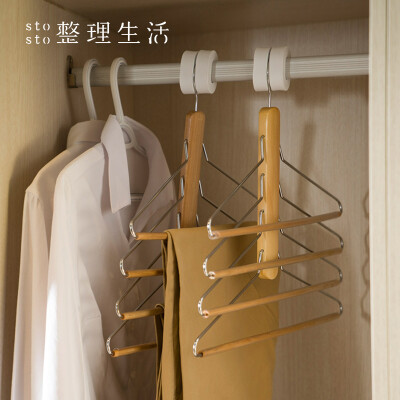 

Finishing life solid wood hangers four layers of space clothes pants rack 4 layers of wood color 1 stick double hook