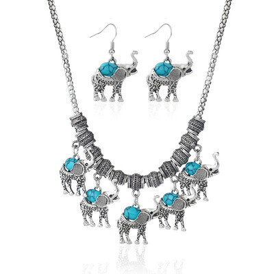 

Bohemia Style Fashion Elephant Animals Sweater Ornament Set Retro Turquoise Eardrop Necklace With Birthstones