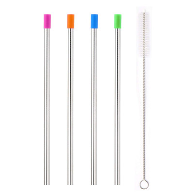 

4pcs Reusable Stainless Steel Straws Eco-friendly Straight Straw 9" Long Drinking Metal Straws with Removable Silicone Tip & Clean