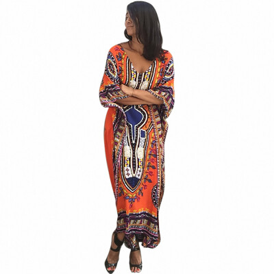 

Print Beach Sundress Sexy V-neck Bohemian Long Dress African Ethnic Summer Loose Vintage Kaftan Maxi Dresses