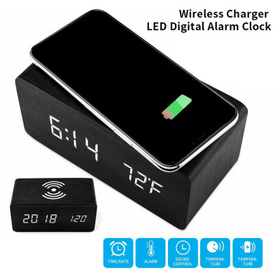 

3 In 1 Wireless Charger LED Alarm Clock Wireless Charging Pad Desk Clock Wireless Charging Pad Thermometer Wood Alarm Clock