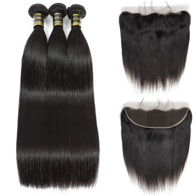 

Amazing Star Virgin Hair Straight Bundles with Frontal Straight Human Hair with Lace Closure Natural Color Full&Thick