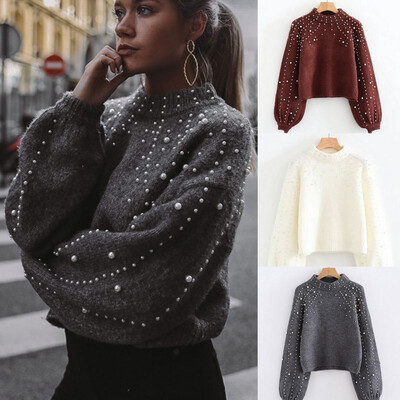 

Simenual Autumn winter 2018 women sweaters&pullovers bead lantern sleeve knitted sweater pullover female grey slim jumpers