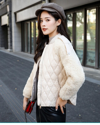 

Loose Down Jacket Lamb Studded Long Sleeve Jacket Short Lingge Overlay Top
