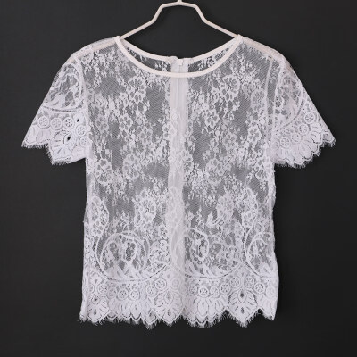 

Summer Sexy Women Blusas Femininas Black short Sleeve V Neck Sexy Vintage Lace Blouse Hollow Out Zipper Back Crop Top Clubwear