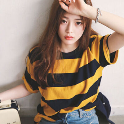 

Women Yellow&Black Striped Round Neck Collar Loosen Half Sleeve T-Shirt Casual Tops