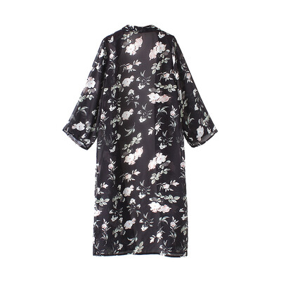 

Women Long Chiffon Kimono Cardigan Floral Beach Cover Ups Slit Hem Open Front Long Sleeves Bikini Cover Black