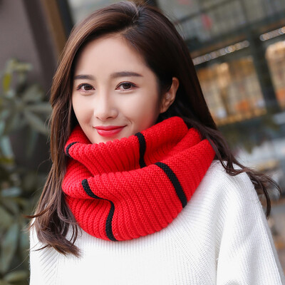 

Women Knitted Neckerchief Contrast Striped Ribbed Ring Collar Cowl Neck Warm Winter Snood Scarf