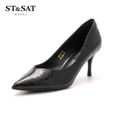

Saturday womens shoes ST&SAT snake leather fashion simple&elegant high-heeled shallow mouth single shoes SS91111238 black 37