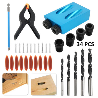 

1430 34PCS Pocket Hole Jig 15 Degree Angle Oblique Hole Locator Drill Bits Hole Jig Clamp Kit for Woodworking