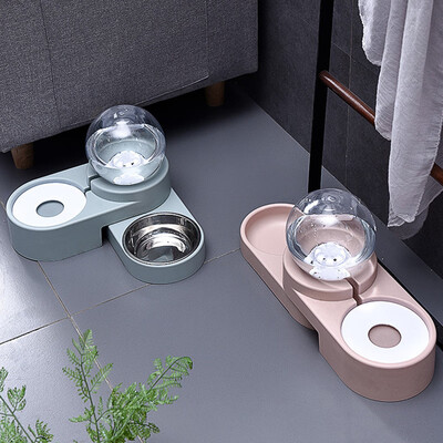

Pink Cat Bowl with Water Dispenser Rotatable Cat Kitten Drinking Water Feeder Bowl Food Dish Pet Double Bowl Supplies