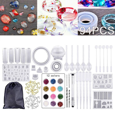 

94PCS DIY Crystal Epoxy Tool Set Bracelet Pendant Jewelry Silicone Molds with Drill