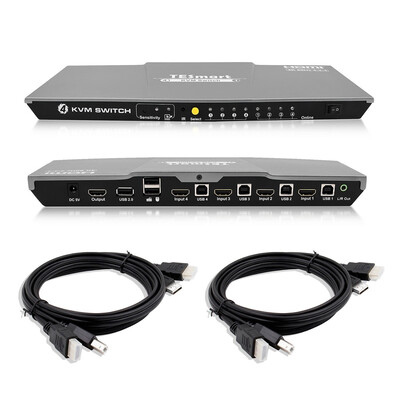 

TESmart 4x1 HDMI KVM Switch HDMI 4K 3840x216060Hz 444 with 2 Pcs 5ft15m KVM Cables Supports USB 20 Devices