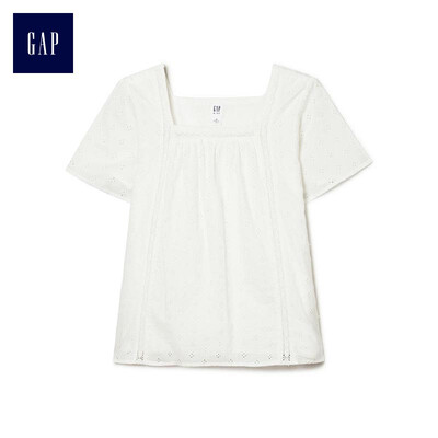 

GAP flagship store childrens clothing girls summer square collar short-sleeved embroidered hollow shirt 294590 light sense white 130cm M