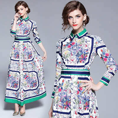 

DFYOP New Style Elegant Beautiful Flower Cluster Print Lapel Long Sleeved Dress