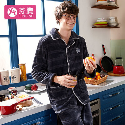 

Fenton coral fleece mens pajamas 2018 autumn&winter new striped English cardigan lapel long sleeve jade rabbit cashmere home service M98940817 Gray Lan