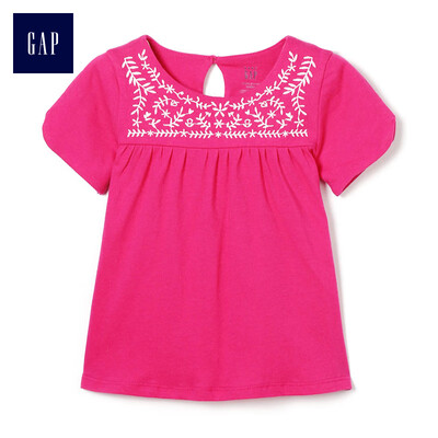 

GAP flagship store female short-sleeved round neck embroidered pleated shirt 337226 red 12-18M