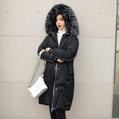 

Simulation large fur collar long section cotton jacket sleeve zipper stitching padded coat womens jacket 90247