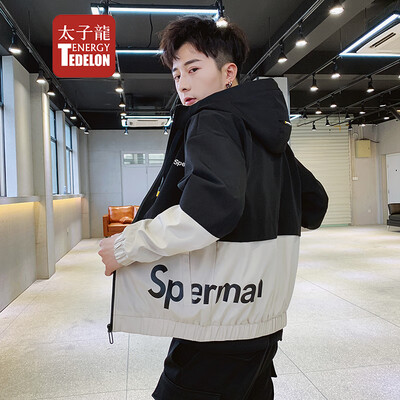 

Prince Edward TEDELON jacket mens 2019 spring new slim hooded jacket mens color matching simple windproof youth fashion clothes 9060 black khaki XL
