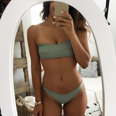 

Women Bikini Set Strapless Bandeau Solid Color Leopard Print Padded Low Waist Tie Sexy Two Piece Swimwear
