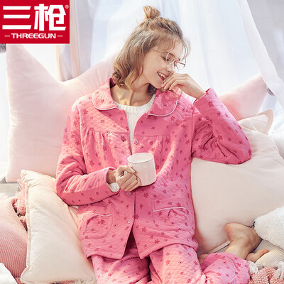 

Three guns THREEGUN home clothes womens autumn&winter new warm cotton lapel open pajamas cute floral ladies warm home pajamas sleep pants suit female pink
