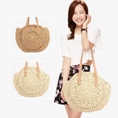 

Boho Round Hand-woven Handbag Wicker Shoulder Bag Summer Beach Casual Basket Bag