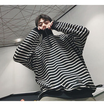 

Fashion wind zipper super fire striped sweater mens capless Korean version of the loose long-sleeved shirt trend wild men