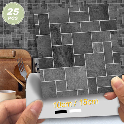 

25Pcs Kitchen Black White Stone Effect Mosaic Traditional PVC Tile Stickers Self-adhesive Wall Decor