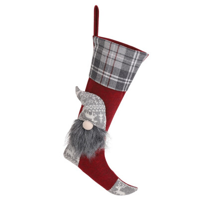 

Christmas Santa Stocking Xmas Tree Hanging Sock Plaid Pattern Gift Holder Bag with Santa Doll Ornament Christmas Home Decoration
