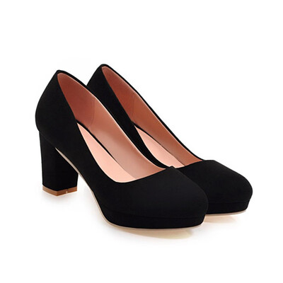 

IDIFU Womens Elegant Solid Low Top Round Toe MId Chunky Heel Pumps Shoes