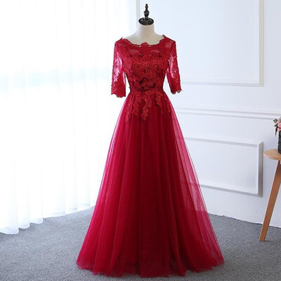 

2018 Long Wine Red Evening Dress The Elegant Lace Appliques Transparent Half Sleeves Formal Prom Dress Robe De Soiree