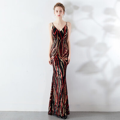 

Noble Sequin Stripe Mermaid Evening Dress Contrast Color Shining V Neck Long Slim Party Evening Dresses