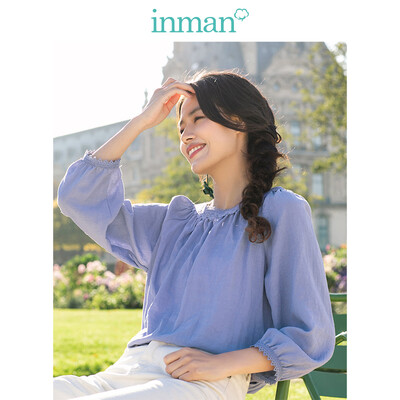 

INMAN 2019 spring new round neck literary retro holiday wind casual wild thin long-sleeved shirt shirt female 1891011064 gray blue