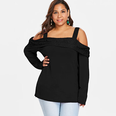 

PREISEI Spring Autumn Women Sexy Cotton Solid Lace Slash Neck Long Sleeve Plus Size T Shirt Ladies Tops DJDM009