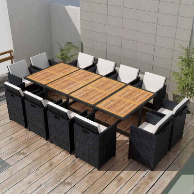 

Outdoor Dining Set 37 Pieces Black Poly Rattan Acacia Wood