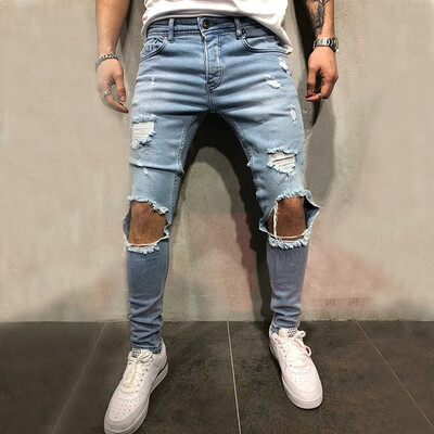

Men Fashion Ripped Pants Stretchy Destroyed Biker Pant Skinny Jeans