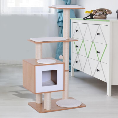 

47 Modern Cat Tree Multi-Level Scratching Post With Cube Cave Enclosure - Oak Wood&White
