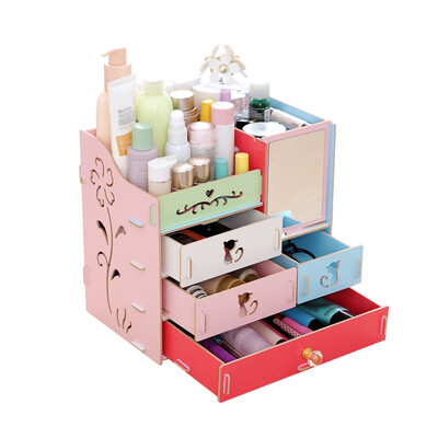 

Multifunctional Desktop Storage Box Assembly Wooden Large Capacity Makeup Cosmetic Storage Box with Mirror Multi Drawers DIY Jewel