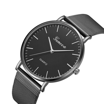 

Modern Fashion Black Quartz Watch Men Women Mesh Stainless Steel Watchband